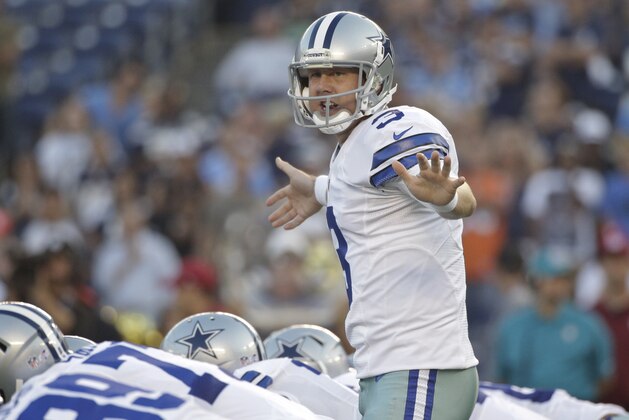 Dallas Cowboys quarterback Brandon Weeden calls an audible against the San Diego Chargers during the first half of a preseason NFL football game Thursday, Aug. 7, 2014, in San Diego. (AP Photo/Jae C. Hong)