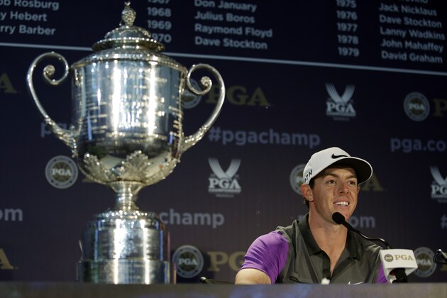 Rory McIlroy, of Northern Ireland, speaks to the media during a news conference after winning the PGA Championship golf tournament at Valhalla Golf Club on Sunday, Aug. 10, 2014, in Louisville, Ky. (AP Photo/John Locher)