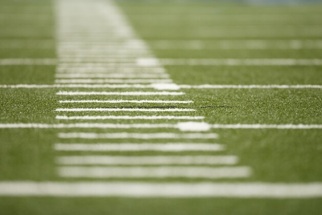 Hash marks on the turf during a preseason NFL football game between the Detroit Lions and the Cleveland Browns at Ford Field in Detroit, Saturday, Aug. 9, 2014. (AP Photo/Rick Osentoski)
