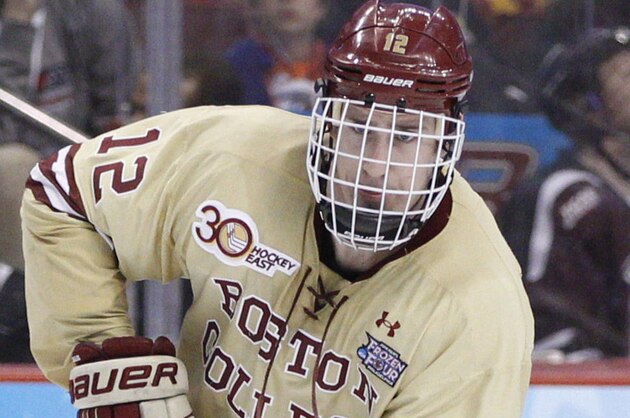 Boston College's Kevin Hayes in action during the third period of an NCAA men's college hockey Frozen Four tournament game against Union, Thursday, April 10, 2014, in Philadelphia. Union College won 5-4. (AP Photo/Chris Szagola)