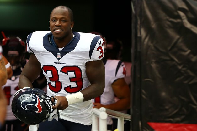 Aug 9, 2014; Glendale, AZ, USA; Houston Texans running back Andre Brown (33) against the Arizona Cardinals during a preseason game at University of Phoenix Stadium. Mandatory Credit: Mark J. Rebilas-USA TODAY Sports