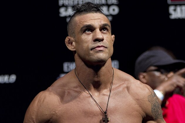 Brazilian fighter Vitor Belfort gestures as he weighs in ahead of the Ultimate Fighting Championship, UFC, in Sao Paulo, Brazil, Friday, Jan. 18, 2013. Belfort will compete in UFC in Sao Paulo on Jan. 19. (AP Photo/Andre Penner)