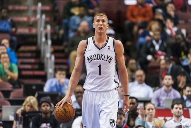 Apr 5, 2014; Philadelphia, PA, USA; Brooklyn Nets forward Mason Plumlee (1) during the third quarter against the Philadelphia 76ers at the Wells Fargo Center. The Nets defeated the Sixers 105-101. Mandatory Credit: Howard Smith-USA TODAY Sports