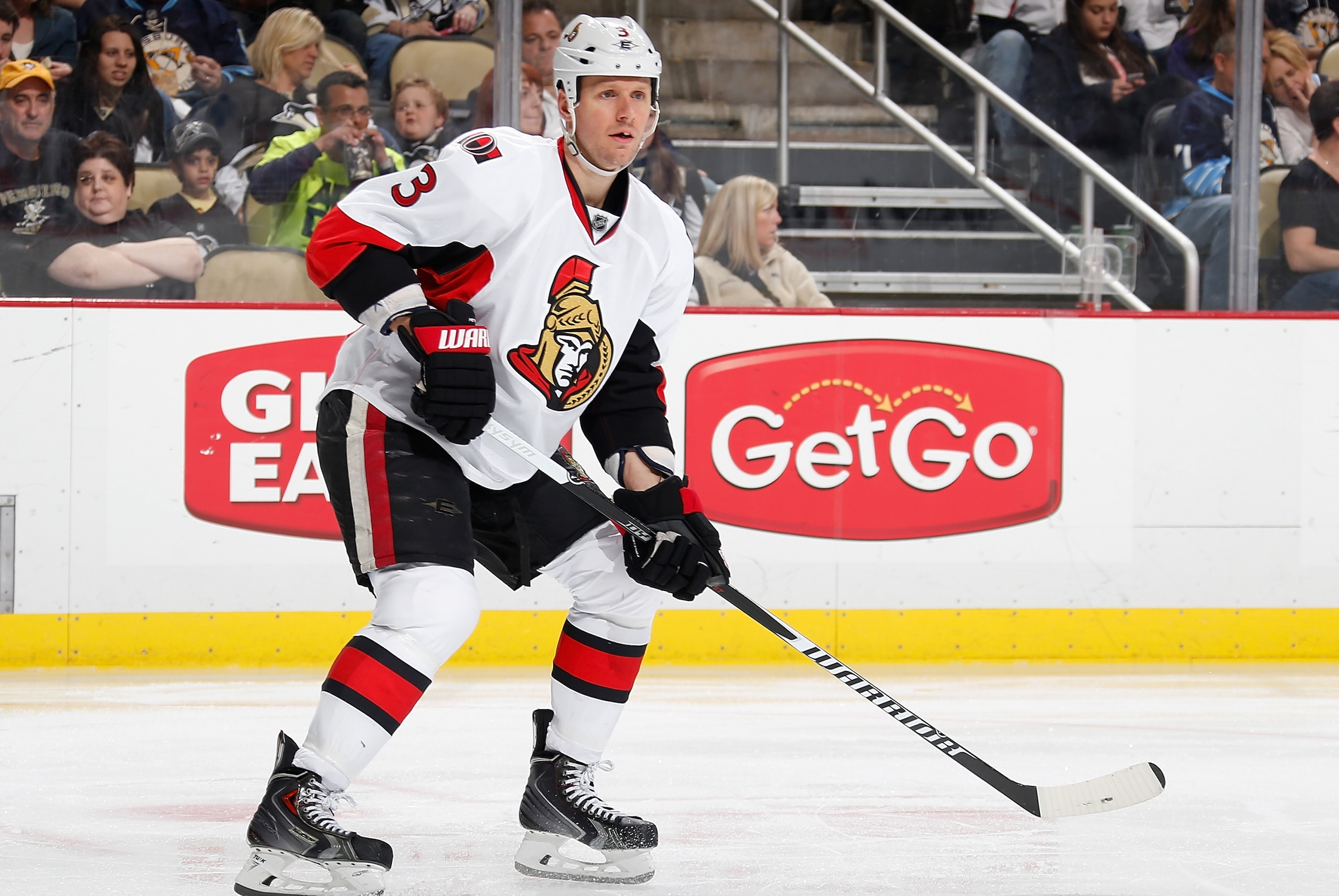 PITTSBURGH, PA - APRIL 13:  Marc Methot #3 of the Ottawa Senators skates against the Pittsburgh Penguins on April 13, 2014 at Consol Energy Center in Pittsburgh, Pennsylvania.  (Photo by Gregory Shamus/NHLI via Getty Images)