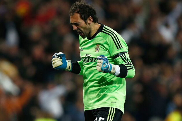 MADRID, SPAIN - MARCH 23: Diego Lopez of Real Madrid celebrates his team's opening goal during the La Liga match between Real Madrid CF and FC Barcelona at the Bernabeu on March 23, 2014 in Madrid, Spain.  (Photo by Gonzalo Arroyo Moreno/Getty Images)