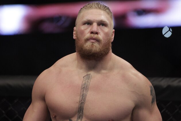 Brock Lesnar during a UFC mixed martial arts match with Cain Velasquez in Anaheim, Calif., Saturday, Oct. 23, 2010. Velasquez won by TKO in the first round. (AP Photo/Jae C. Hong)