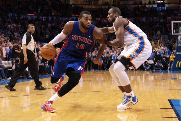 OKLAHOMA CITY, OK - April 16, 2014 :  Greg Monroe #10 of the Detroit Pistons handles the ball against the Oklahoma City Thunder at the Chesapeake Arena on April 16, 2014 in Oklahoma City, Oklahoma. NOTE TO USER:  User expressly acknowledges and agrees that, by downloading and/or using this photograph, user is consenting to the terms and conditions of the Getty Images License Agreement. Mandatory Copyright Notice:  Copyright 2014 NBAE (Photo by Richard Rowe/NBAE via Getty Images)