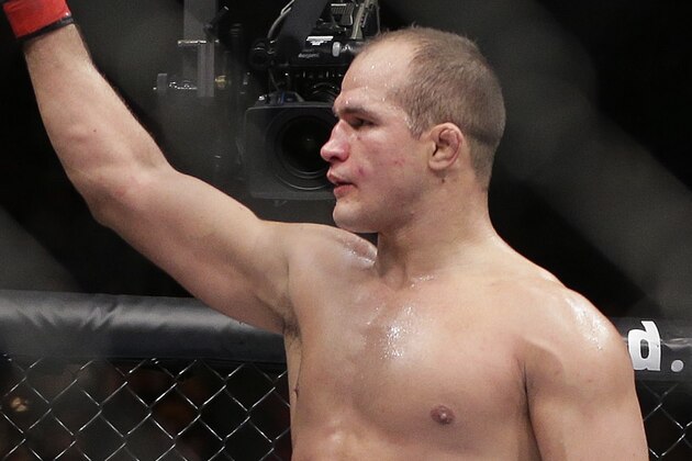 Junior Dos Santos reacts after knocking out Mark Hunt in the third round of a UFC 160 mixed martial arts heavyweight bout,  Saturday, May 25, 2013, in Las Vegas. (AP Photo/Julie Jacobson)