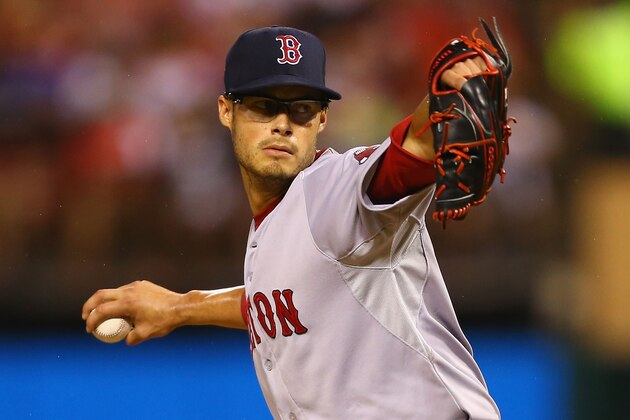 ST. LOUIS, MO - AUGUST 6: Starter Joe Kelly #56 of the Boston Red Sox pitches against the St. Louis Cardinals in the first inning at Busch Stadium on August 6, 2014 in St. Louis, Missouri.  (Photo by Dilip Vishwanat/Getty Images)