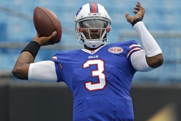 Buffalo Bills' EJ Manuel (3) warms up before a preseason NFL football game in Charlotte, N.C., Friday, Aug. 8, 2014. (AP Photo/Bob Leverone)