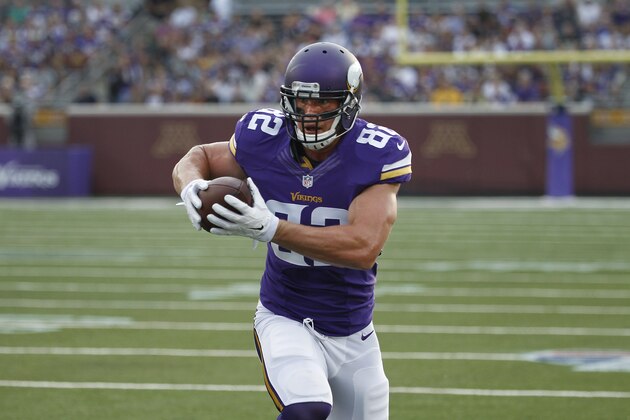 Minnesota Vikings tight end Kyle Rudolph (82) catches a pass against the Oakland Raiders in the first half of a preseason NFL football game at TCF Bank Stadium in Minneapolis, Friday, Aug. 8, 2014.  (AP Photo/Ann Heisenfelt)