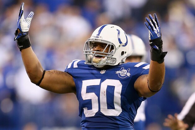 INDIANAPOLIS, IN - DECEMBER 01:  Jerrell Freeman #50 of the Indianapolis Colts celebrates after he intercepted a pass late in the fourth quarter during the NFL game against the Tennessee Titans at Lucas Oil Stadium on December 1, 2013 in Indianapolis, Indiana.  (Photo by Andy Lyons/Getty Images)