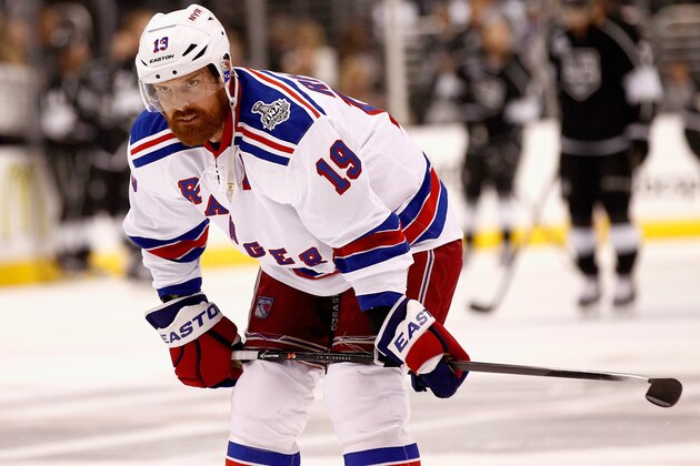 LOS ANGELES, CA - JUNE 13:  Brad Richards #19 of the New York Rangers plays against the Los Angeles Kings during the first period of Game Five of the 2014 Stanley Cup Final at the Staples Center on June 13, 2014 in Los Angeles, California.  (Photo by Rebecca Taylor/NHLI via Getty Images)