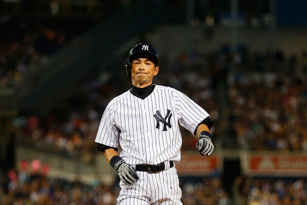 NEW YORK, NY - AUGUST 04:  Ichiro Suzuki #31 of the New York Yankees looks on against the Detroit Tigers in the third inning at Yankee Stadium on August 4, 2014 in the Bronx borough of New York City.  (Photo by Mike Stobe/Getty Images)