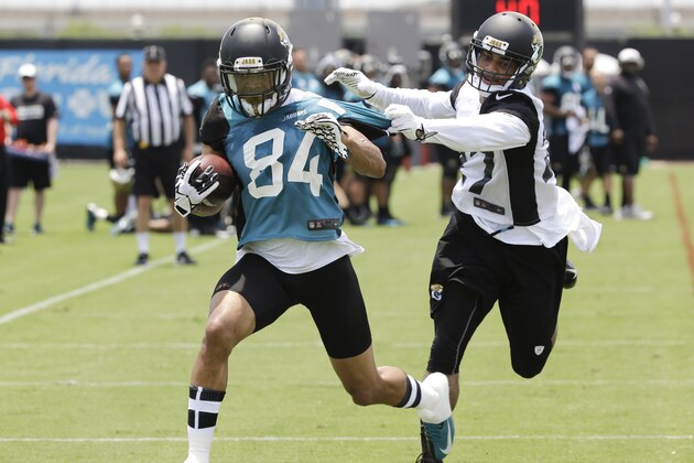 Jacksonville Jaguars wide receiver Cecil Shorts, left, runs after catching a pass in front of cornerback Dwayne Gratz during an NFL organized team activities football practice in Jacksonville, Fla., Wednesday, May 28, 2014. (AP Photo/John Raoux)