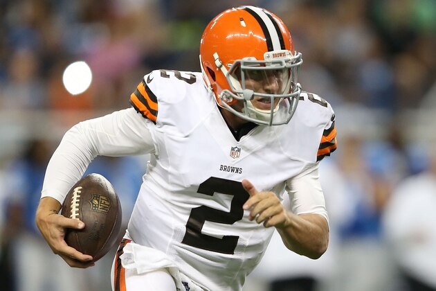 DETROIT, MI - AUGUST 09:  Johnny Manziel #2 of the Cleveland Browns runs for a 16 yard gain during the third quarter the preseason game against the Detroit Lions at Ford Field on August 9, 2014 in Detroit, Michigan. The Lions defeated the Browns 13-12 in a preseason game.  (Photo by Leon Halip/Getty Images)