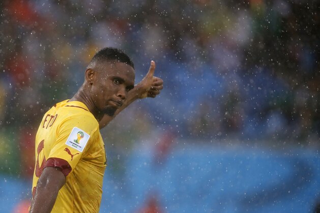 Cameroon's Samuel Eto’o gestures during the group A World Cup soccer match between Mexico and Cameroon in the Arena das Dunas in Natal, Brazil, Friday, June 13, 2014.  (AP Photo/Sergei Grits)