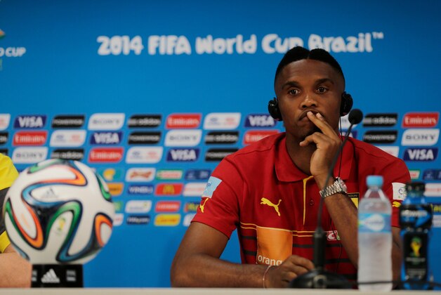Cameroon's Samuel Eto’o listens to questions from the media during a press conference a day before the group A World Cup soccer match between Cameroon and Croatia, at Arena da Amazonia in Manaus, Brazil, Tuesday, June 17, 2014. (AP Photo/Fernando Llano)