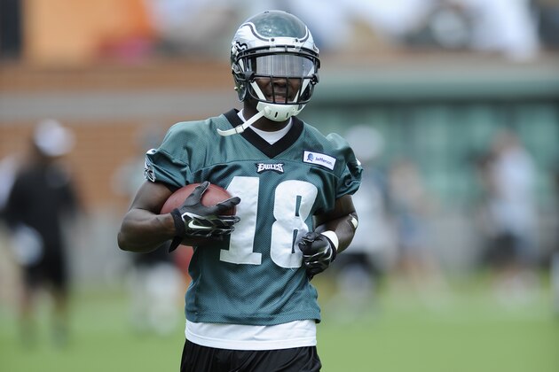 Philadelphia Eagles' Jeremy Maclin is seen during NFL football training camp on Sunday, July 27, 2014, in Philadelphia. (AP Photo/Michael Perez)