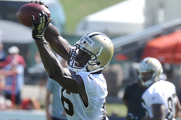 New Orleans Saints wide receiver Brandon Coleman (16) receives a pass during there NFL football training camp in White Sulphur Springs, W. Va., Saturday, July 26, 2014. (AP Photo/Chris Tilley)