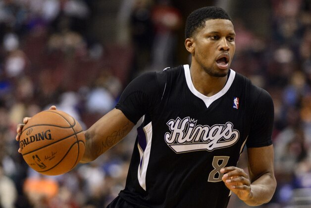 Mar 12, 2014; Philadelphia, PA, USA; Sacramento Kings forward Rudy Gay (8) during the second quarter against the Philadelphia 76ers at the Wells Fargo Center. The Kings defeated the Sixers 115-98. Mandatory Credit: Howard Smith-USA TODAY Sports
