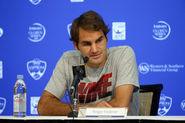 CINCINNATI, OH - AUGUST 12:  Roger Federer of Switzerland talks to the media at the Western & Southern Open at the Lender Family Tennis Center on August 12, 2014 in Cincinnati,Ohio  (Photo by Andy Lyons/Getty Images)