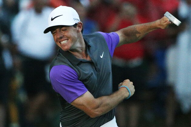 Rory McIlroy, of Northern Ireland, celebrates after winning the PGA Championship golf tournament at Valhalla Golf Club on Sunday, Aug. 10, 2014, in Louisville, Ky. (AP Photo/Mike Groll)