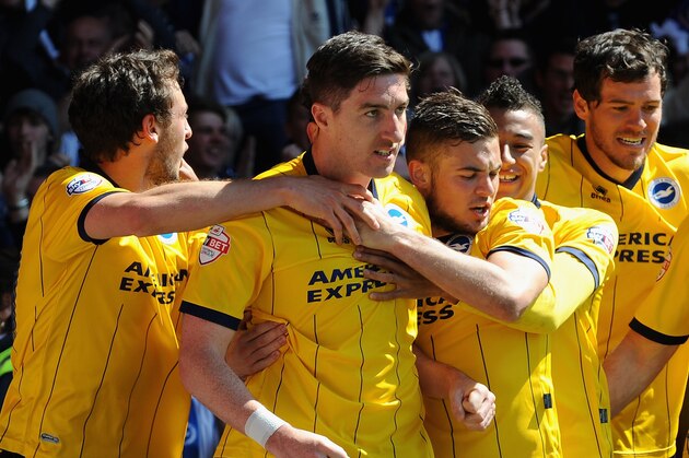 NOTTINGHAM, ENGLAND - MAY 03:  Stephen Ward of Brighton & Hove Albion celebrates scoring their first goal during the Sky Bet Championship match between Nottingham Forest and Brighton & Hove Albion at City Ground on May 03, 2014 in Nottingham, England,  (Photo by Tony Marshall/Getty Images)