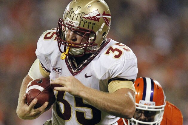 Florida State tight end Nick O'Leary (35) runs against Clemson cornerback Darius Robinson (8) during the second half of an NCAA college football game, Saturday, Oct. 19, 2013, in Clemson, S.C. (AP Photo/Mike Stewart)