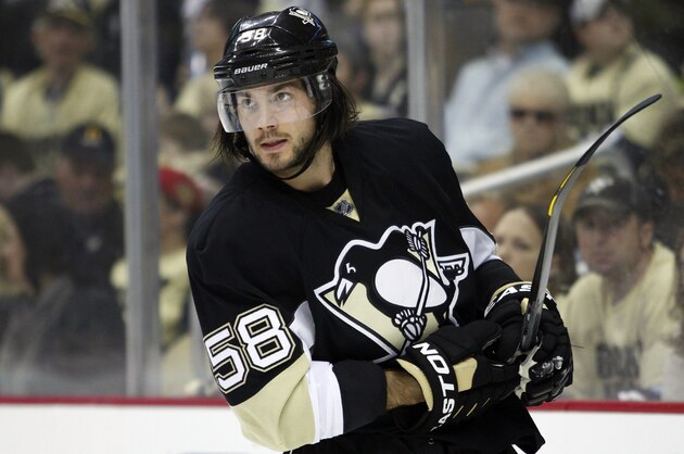 PITTSBURGH, PA - MAY 02:  Kris Letang #58 of the Pittsburgh Penguins looks on against the New York Rangers in Game One of the Second Round of the 2014 NHL Stanley Cup Playoffs at Consol Energy Center on May 02, 2014 in Pittsburgh, Pennsylvania.  (Photo by Justin K. Aller/Getty Images)