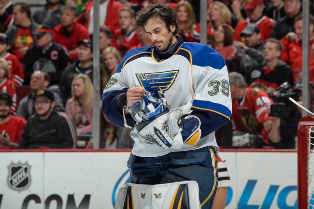 CHICAGO, IL - APRIL 27: Goalie Ryan Miller #39 of the St. Louis Blues adjusts his mask in Game Six of the First Round of the 2014 Stanley Cup Playoffs against the Chicago Blackhawks at the United Center on April 27, 2014 in Chicago, Illinois. (Photo by Bill Smith/NHLI via Getty Images)