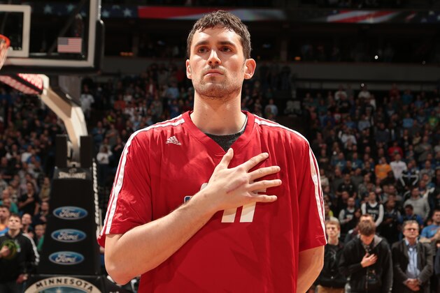MINNEAPOLIS, MN - JANUARY 4:  Kevin Love #42 of the Minnesota Timberwolves looks on against the Oklahoma City Thunder during the game on January 4, 2014 at Target Center in Minneapolis, Minnesota. NOTE TO USER: User expressly acknowledges and agrees that, by downloading and or using this Photograph, user is consenting to the terms and conditions of the Getty Images License Agreement. Mandatory Copyright Notice: Copyright 2014 NBAE (Photo by Jordan Johnson/NBAE via Getty Images)