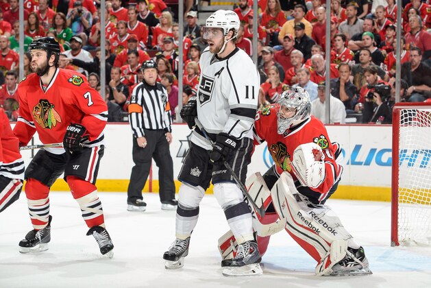 CHICAGO, IL - JUNE 1: Brent Seabrook #7 of the Chicago Blackhawks and Anze Kopitar #11 of the Los Angeles Kings watch for the puck in front of goalie Corey Crawford #50 of the Blackhawks in Game Seven of the Western Conference Final during the 2014 NHL Stanley Cup Playoffs at the United Center on June 01, 2014 in Chicago, Illinois. (Photo by Bill Smith/NHLI via Getty Images)