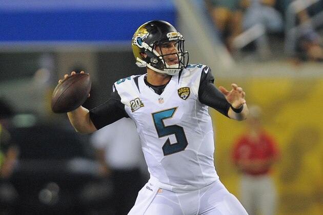 Jacksonville Jaguars quarterback Blake Bortles throws a pass during the first half of an NFL preseason football game against the Tampa Bay Buccaneers in Jacksonville, Fla., Friday, Aug. 8, 2014. (AP Photo/Stephen B. Morton)