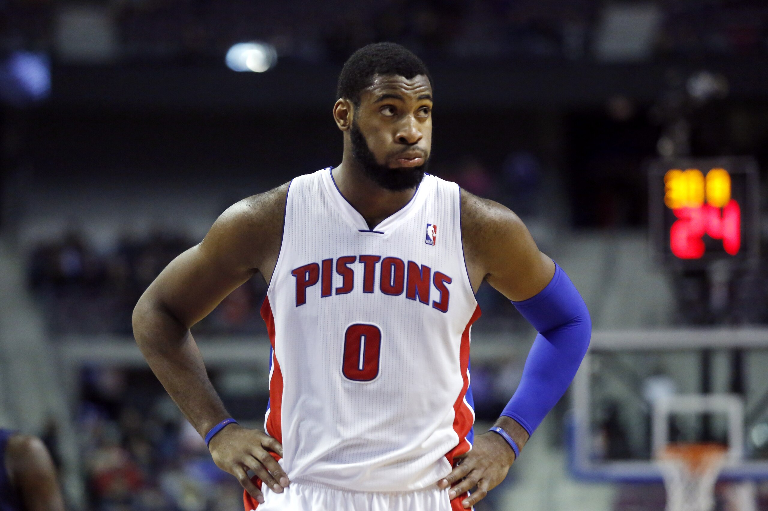 Detroit Pistons center Andre Drummond returns to the court after the New Orleans Pelicans took 101-98 lead over the Pistons during the fourth quarter of an NBA basketball game Friday, Jan. 24, 2014, in Auburn Hills, Mich. The Pelicans defeated the Pistons 103-101. (AP Photo/Duane Burleson)