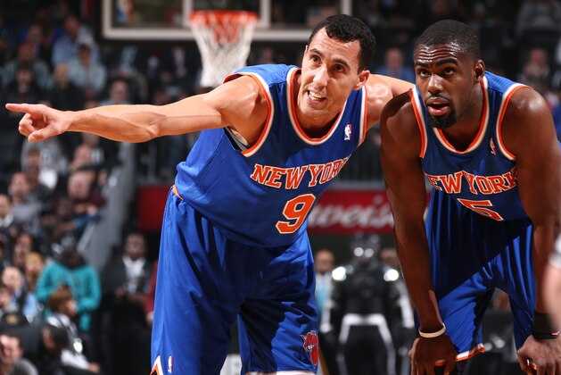 NEW YORK, NY - DECEMBER 5: Teammates Pablo Prigioni #9 of the New York Knicks and Tim Hardaway Jr. #5 of the New York Knicks during a game against the Brooklyn Nets at Barclays Center on December 5, 2013 in the Brooklyn borough of New York City.  NOTE TO USER: User expressly acknowledges and agrees that, by downloading and/or using this Photograph, user is consenting to the terms and conditions of the Getty Images License Agreement. Mandatory Copyright Notice: Copyright 2013 NBAE (Photo by Nathaniel S. Butler/NBAE via Getty Images)
