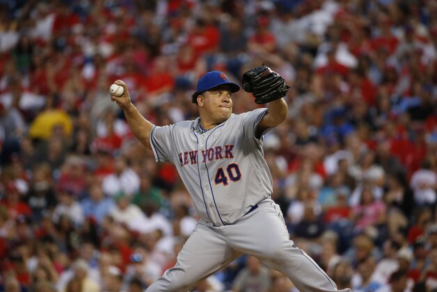 New York Mets' Bartolo Colon pitches during a baseball game against the Philadelphia Phillies, Friday, Aug. 8, 2014, in Philadelphia. (AP Photo/Matt Slocum)