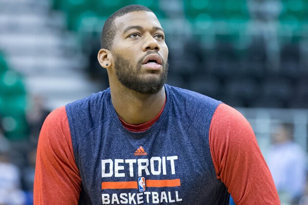 Mar 24, 2014; Salt Lake City, UT, USA; Detroit Pistons forward Greg Monroe (10) warms up prior to the game against the Utah Jazz at EnergySolutions Arena. Mandatory Credit: Russ Isabella-USA TODAY Sports