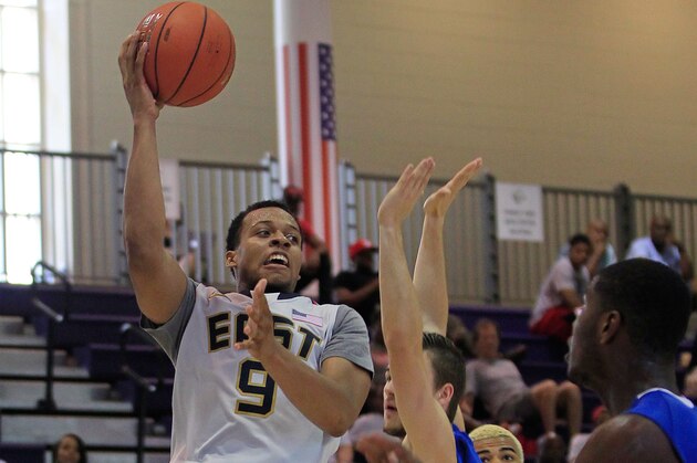 Jul 18, 2013; Washington, DC, USA; Team USA East player Isaiah Briscoe (9) shoots the ball against Team France during the Nike Global Challenge at Trinity University in Washington, DC. Mandatory Credit: Geoff Burke-USA TODAY Sports