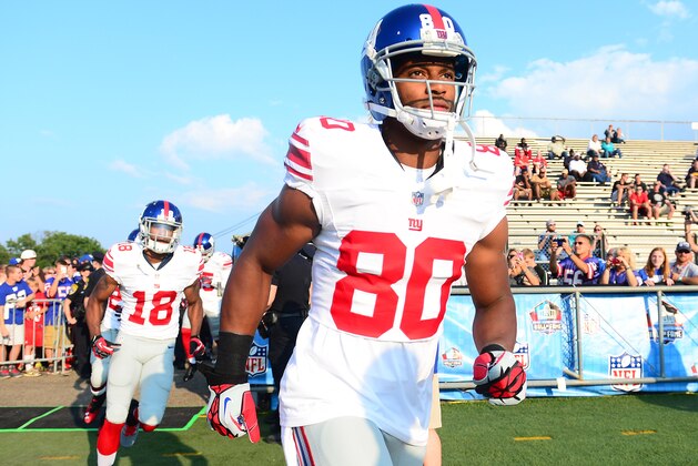 Aug 3, 2014; Canton, OH, USA; New York Giants wide receiver Victor Cruz (80) prior to the 2014 Pro Football Hall of Fame game against the Buffalo Bills at Fawcett Stadium. Mandatory Credit: Andrew Weber-USA TODAY Sports