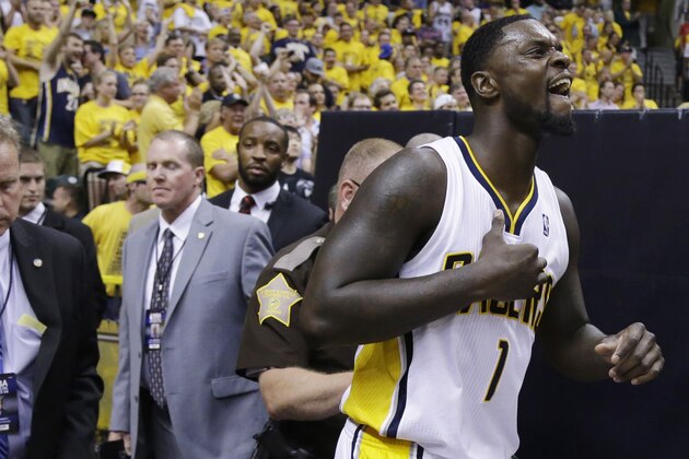 Indiana Pacers guard Lance Stephenson (1) returns to the floor against the Miami Heat during the second half of Game 5 of the NBA basketball Eastern Conference finals in Indianapolis, Wednesday, May 28, 2014. (AP Photo/Michael Conroy)