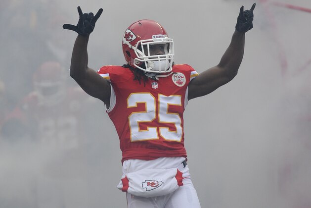 Kansas City Chiefs running back Jamaal Charles (25) runs onto the field during introductions before their NFL game against the Indianapolis Colts at Arrowhead Stadium in Kansas City, Mo., Sunday, Dec. 22, 2013. (AP Photo/Reed Hoffmann)