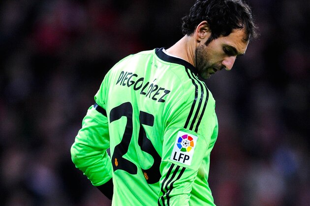 BILBAO, SPAIN - FEBRUARY 02:  Diego Lopez of Real Madrid CF checks his boots during the La Liga match between Athletic Club and real Madrid CF at San Mames Stadium on February 2, 2014 in Bilbao, Spain.  (Photo by David Ramos/Getty Images)