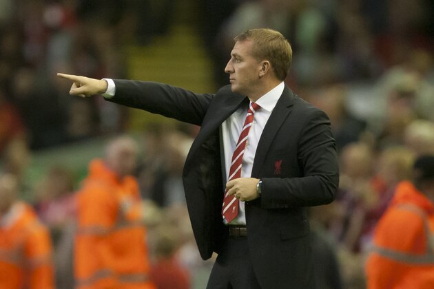 Liverpool's manager Brendan Rodgers issues instructions during his team's English League Cup soccer match against  Notts County at Anfield Stadium, Liverpool, England, Tuesday Aug. 27, 2013. (AP Photo/Jon Super)