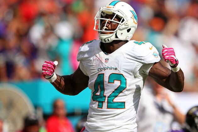 MIAMI GARDENS, FL - OCTOBER 06:  Charles Clay #42 of the Miami Dolphins reacts to a first down on 4th and 10 late in the fourth quarter during a game against the Baltimore Ravens at Sun Life Stadium on October 6, 2013 in Miami Gardens, Florida.  (Photo by Mike Ehrmann/Getty Images)