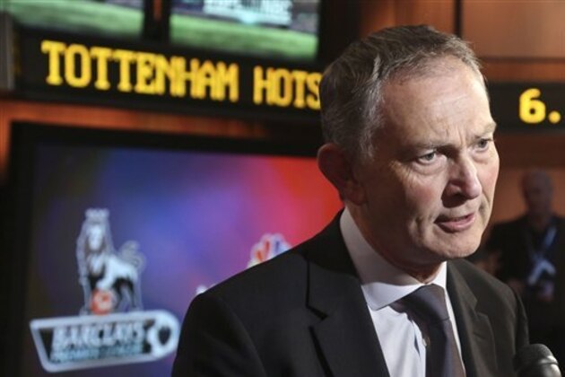 FILE - This is a Tuesday, April 16, 2013 file photo of Richard Scudamore, chief executive of the English Premier League, as he speaks during an interview at NBC studios in New York. At the expense of women, it's crystal clear why Premier League boss Richard Scudamore is often called the most powerful man in English football. Exchanging smutty, sexist emails with chums, provoking a wave of condemnation when they were published, wasn't enough to force his resignation or get him sacked. (AP Photo/Bebeto Matthews, File) FILE - This is a Tuesday, April 16, 2013 file photo of Richard Scudamore, chief executive of the English Premier League, as he speaks during an interview at NBC studios in New York. At the expense of women, it's crystal clear why Premier League boss Richard Scudamore is often called the most powerful man in English football. Exchanging smutty, sexist emails with chums, provoking a wave of condemnation when they were published, wasn't enough to force his resignation or get him sacked. (AP Photo/Bebeto Matthews, File)