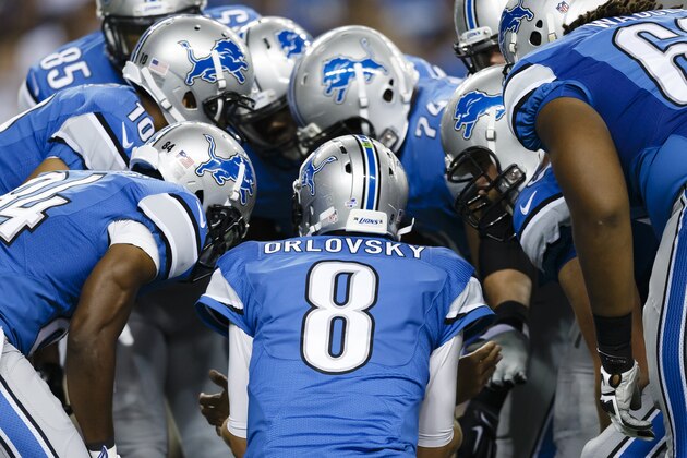 Detroit Lions quarterback Dan Orlovsky (8) calls a play against the Cleveland Browns during a preseason NFL football game at Ford Field in Detroit, Saturday, Aug. 9, 2014. (AP Photo/Rick Osentoski)