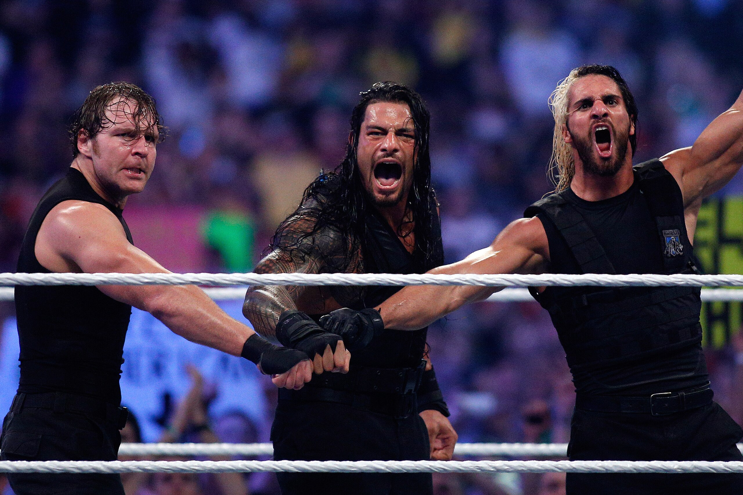 The Shield reacts after their win during Wrestlemania XXX at the Mercedes-Benz Super Dome in New Orleans on Sunday, April 6, 2014. (Jonathan Bachman/AP Images for WWE) The Shield reacts after their win during Wrestlemania XXX at the Mercedes-Benz Super Dome in New Orleans on Sunday, April 6, 2014. (Jonathan Bachman/AP Images for WWE)
