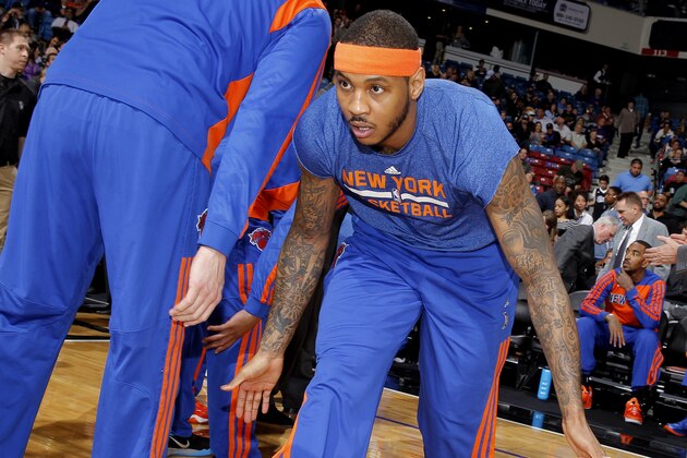 SACRAMENTO, CA - MARCH 26: Carmelo Anthony #7 of the New York Knicks gets introduced into the starting lineup against the Sacramento Kings on March 26, 2014 at Sleep Train Arena in Sacramento, California. NOTE TO USER: User expressly acknowledges and agrees that, by downloading and or using this photograph, User is consenting to the terms and conditions of the Getty Images Agreement. Mandatory Copyright Notice: Copyright 2014 NBAE (Photo by Rocky Widner/NBAE via Getty Images)