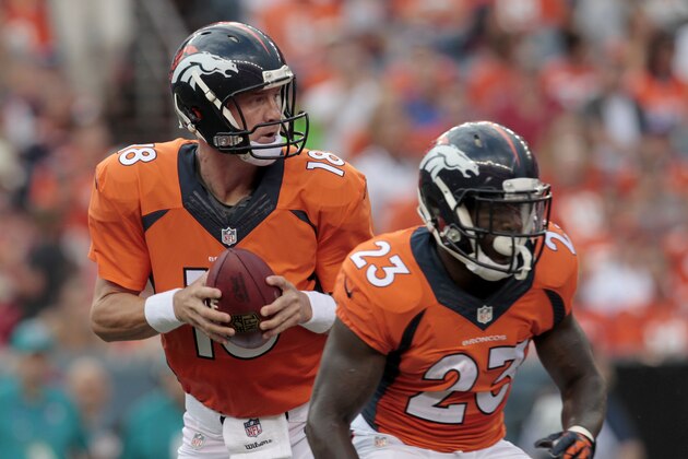 Denver Broncos quarterback Peyton Manning (18) looks to pass as teammate Ronnie Hillman looks to block during the first half of an NFL preseason football game against the Seattle Seahawks, Thursday, Aug. 7, 2014, in Denver. (AP Photo/Joe Mahoney)